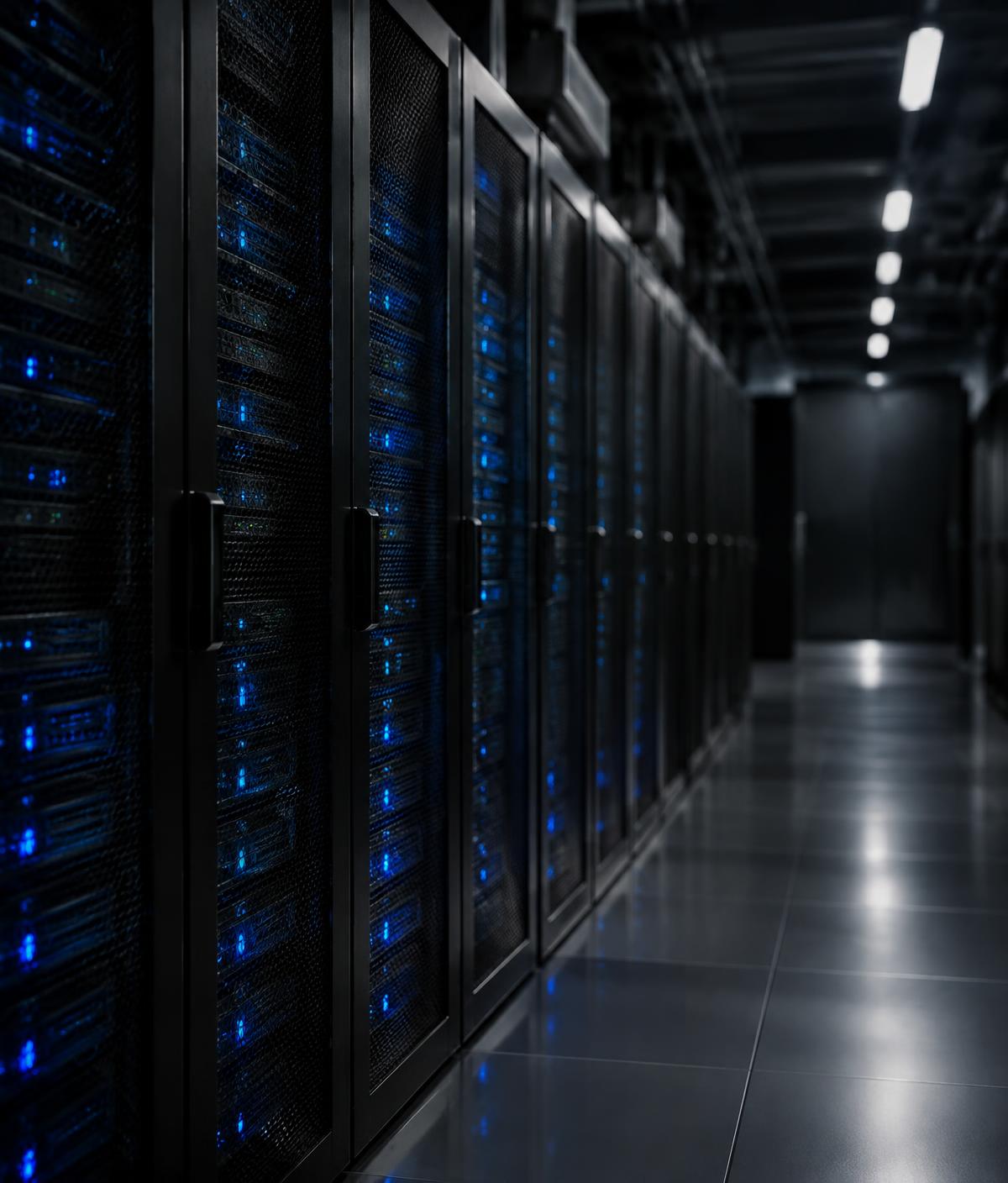 Rows of server racks with blue indicator lights