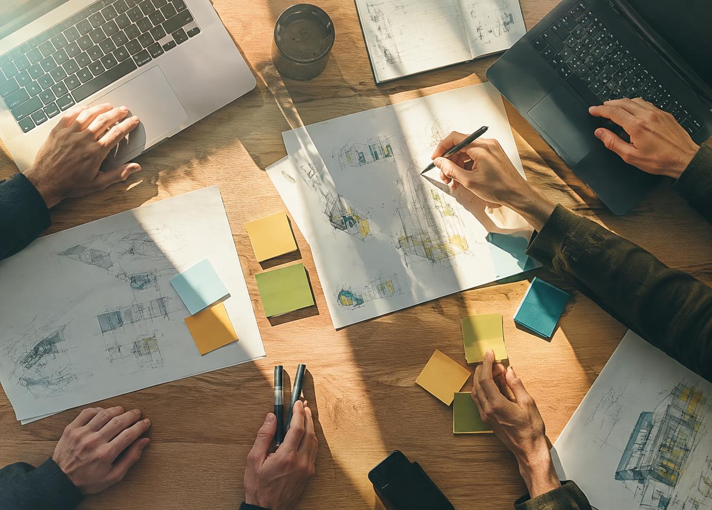 Illustrative collaborative workspace with laptops and design sketches